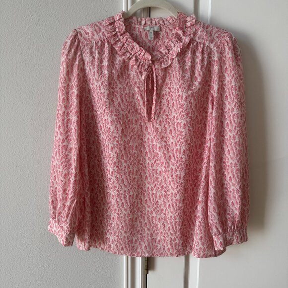 Joie Evangeline Pink Print Ruffle Tie Neck Blouse Size XS - Picture 3 of 8